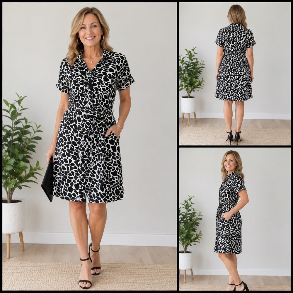 Carole Little Giraffe Printβ Shirt Dress Black White Button Front Belted Size 12
